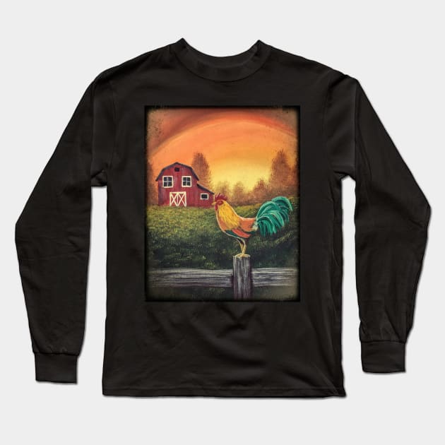 Rooster on the Farm Long Sleeve T-Shirt by SistersInArtN